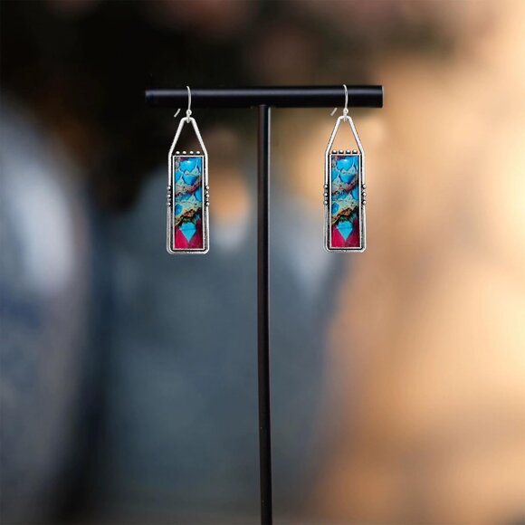 Blue Red Handmade Bohemian Tribal Retro Colorful Square Bar Dangle Earrings - Picture 6 of 6